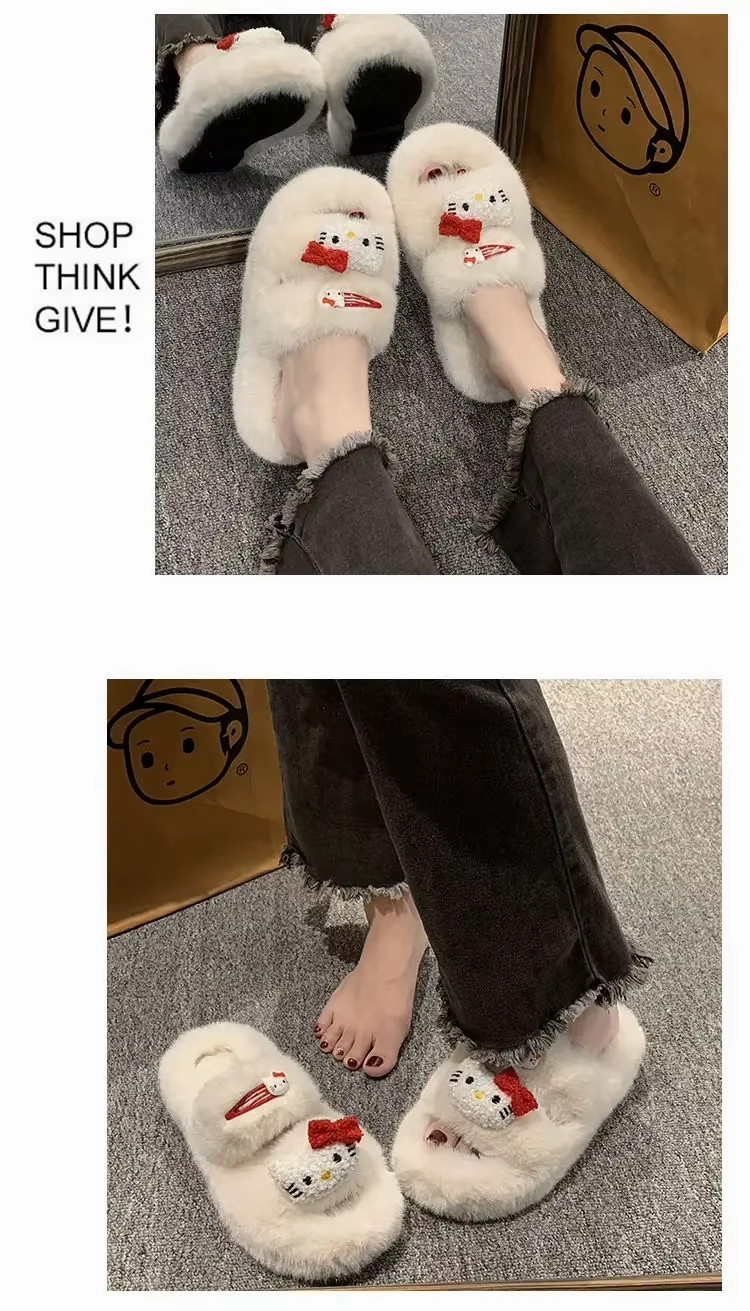 Kitty Autumn/Winter Slippers  Kawaii Furry Flip-Flops, Comfortable Flat-Bottom Home Shoes for Women Flip Flops Rj