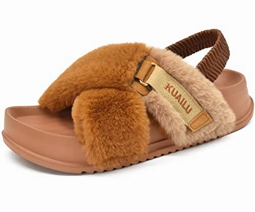 KuaiLu Womens Fuzzy Cross Band Platform Slippers with Back Strap for Summer, Fluffy Furry Ladies Open Toe Slingback Slide Slippers, Cozy Plush Fleece Comfy House Shoes Sandals Tan 11 Hurley Slides
