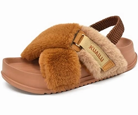 KuaiLu Womens Fuzzy Cross Band Platform Slippers with Back Strap for Summer, Fluffy Furry Ladies Open Toe Slingback Slide Slippers, Cozy Plush Fleece Comfy House Shoes Sandals Tan 11 Best Slippers For Pregnancy