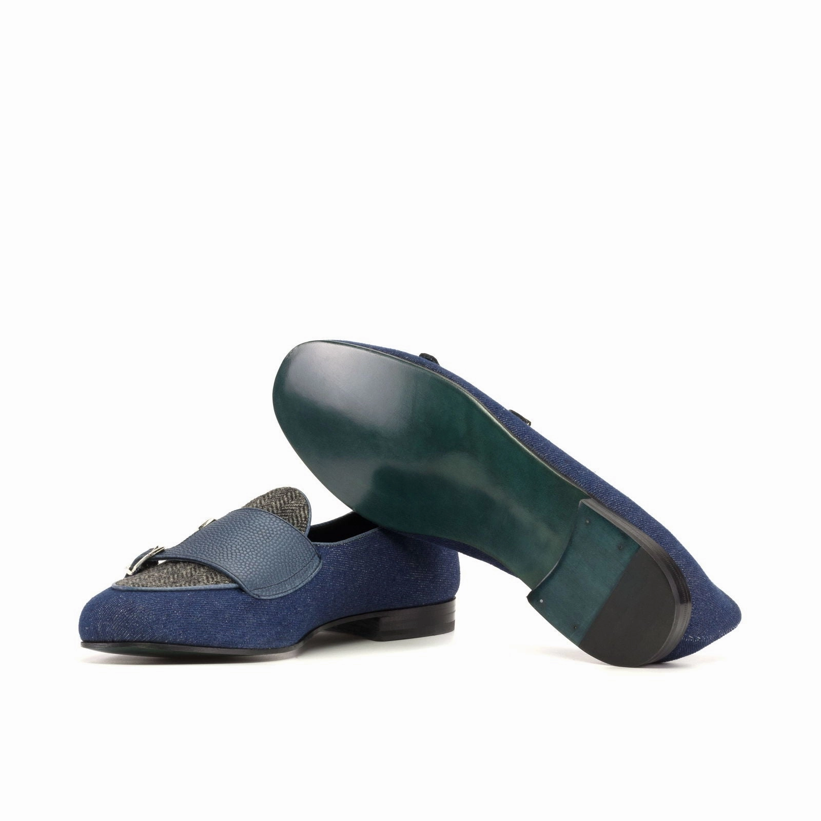 Champagne Slippers Men's Double Monk Leather Slippers Wide Plus Size Blue Grey 5401