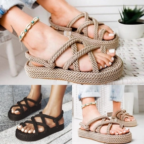 Loafer Sandals Bohemian Sandals For Women Flat Linen Rope Platform Female Open Toe