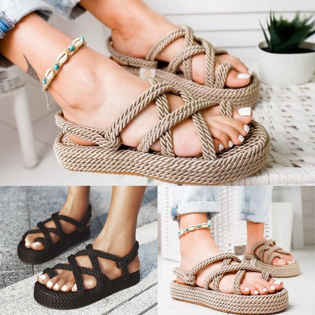 Sandals Punta Cana Bohemian Sandals For Women Flat Linen Rope Platform Female Open Toe