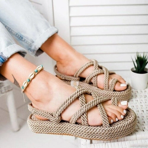 Gladiator Heeled Sandals Bohemian Sandals For Women Flat Linen Rope Platform Female Open Toe