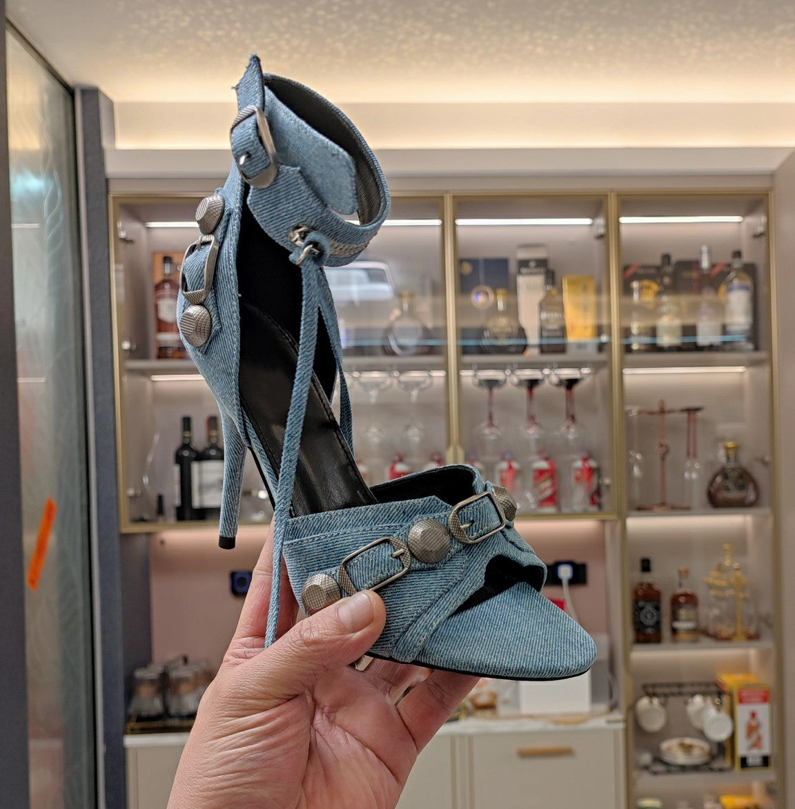 Isabella  Women's Denim High Heel Rivet Sandals Birkenstock Mayari Sandals