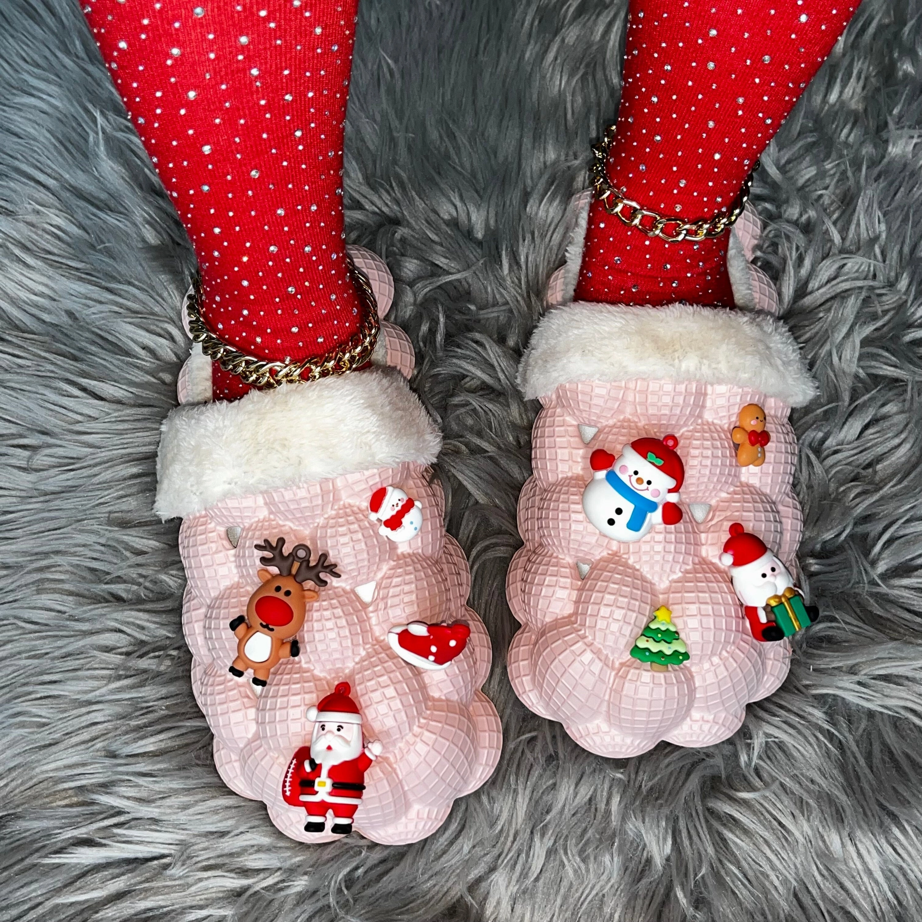 Pink Furry House Slides for Chirstmas Funny DIY Bubble Slippers Corkys Slippers
