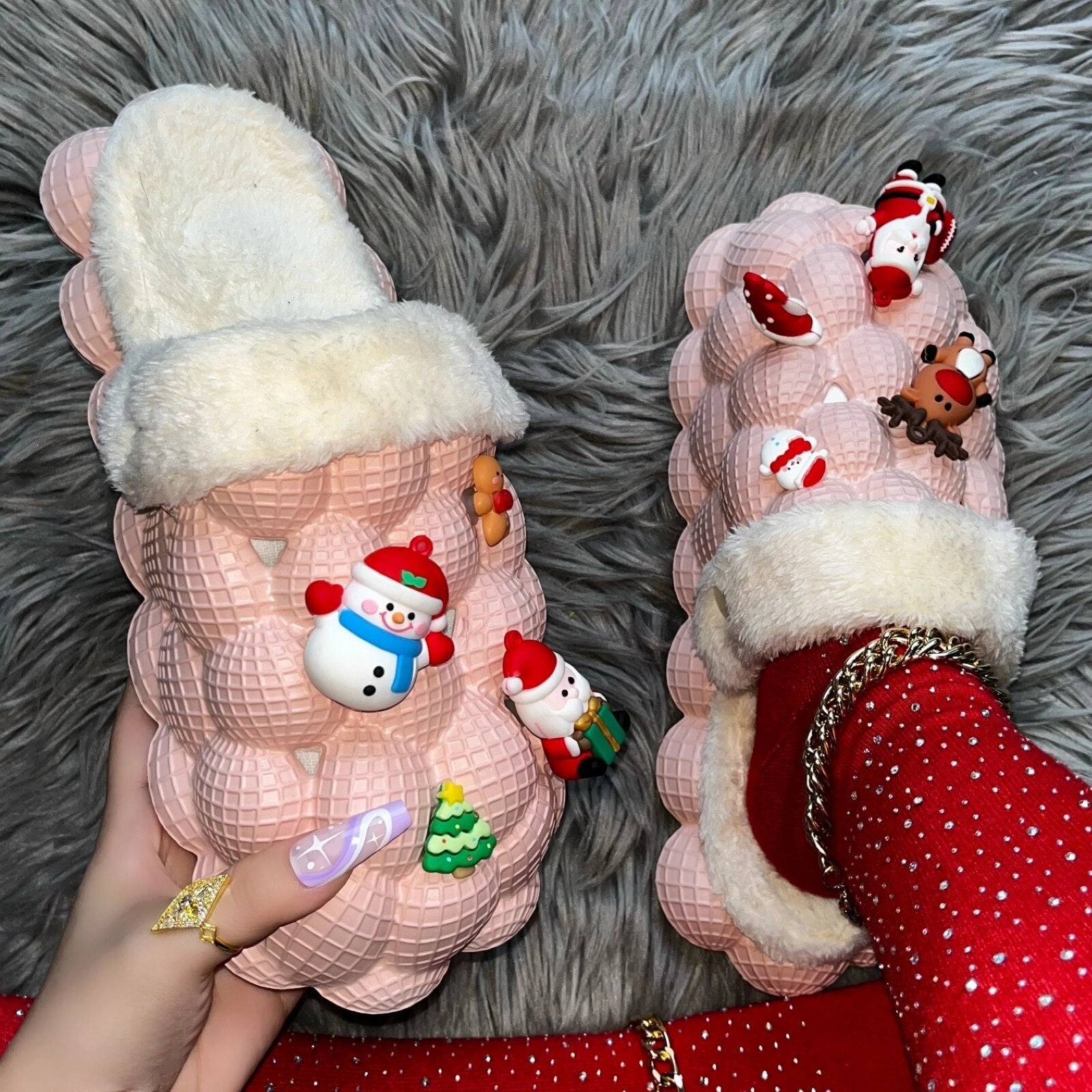 Pink Furry House Slides for Chirstmas Funny DIY Bubble Slippers Lukees Slippers