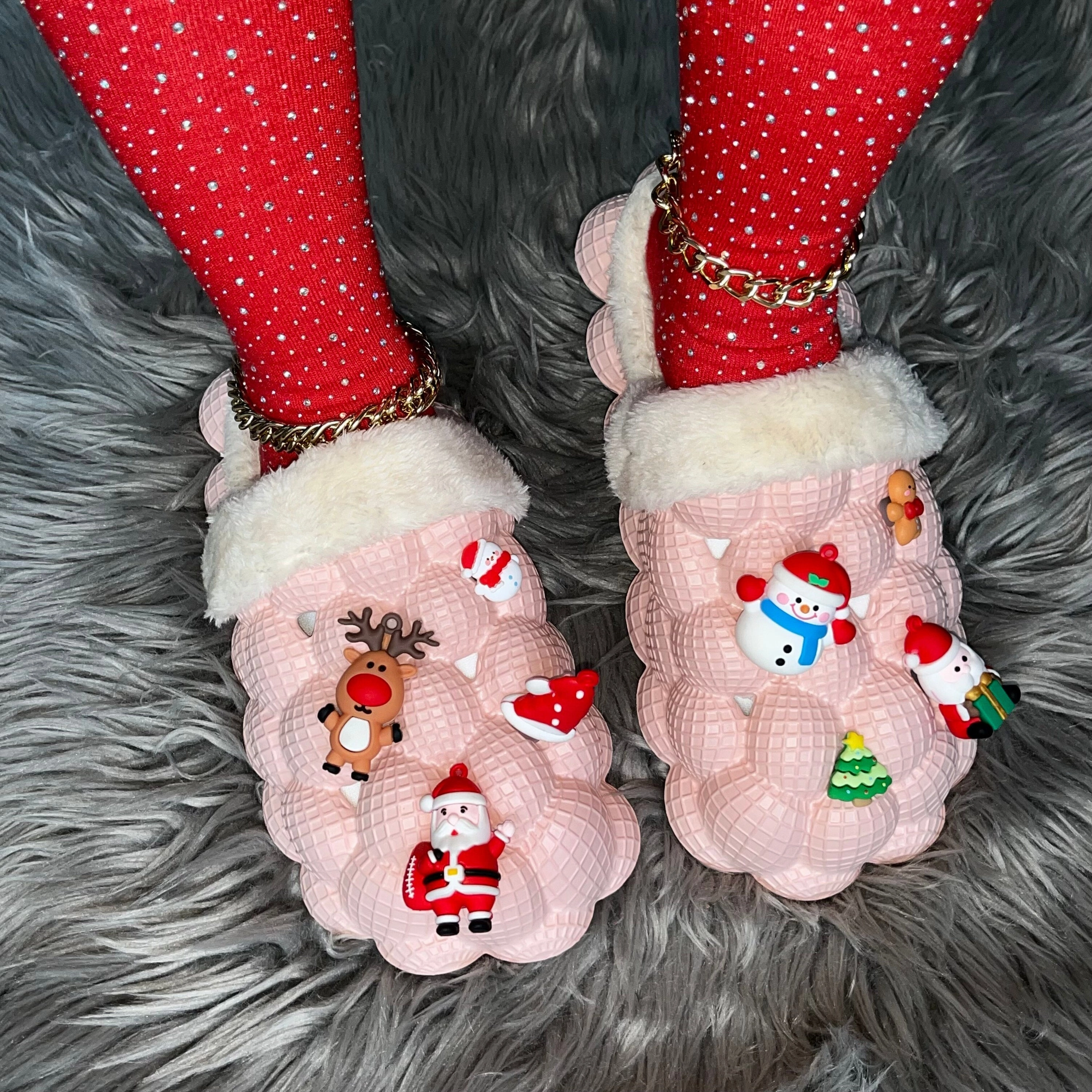 Pink Furry House Slides for Chirstmas Funny DIY Bubble Slippers Puffy Slide