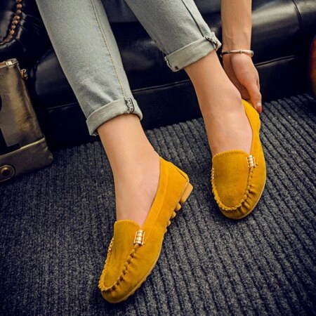 Plus Size 35-43 Women Flats Faux Suede Slip on Flat Shoes Woman Loafers Metal Boat Shoes Soft Female Shoes Black zapatos mujer Folding Flats Shoes