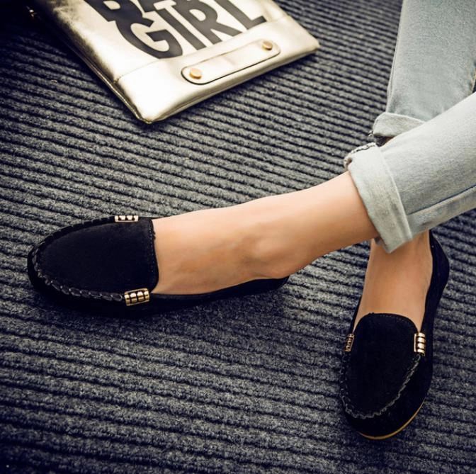 Mtb Flat Shoes Sale Plus Size 35-43 Women Flats Faux Suede Slip on Flat Shoes Woman Loafers Metal Boat Shoes Soft Female Shoes Black zapatos mujer
