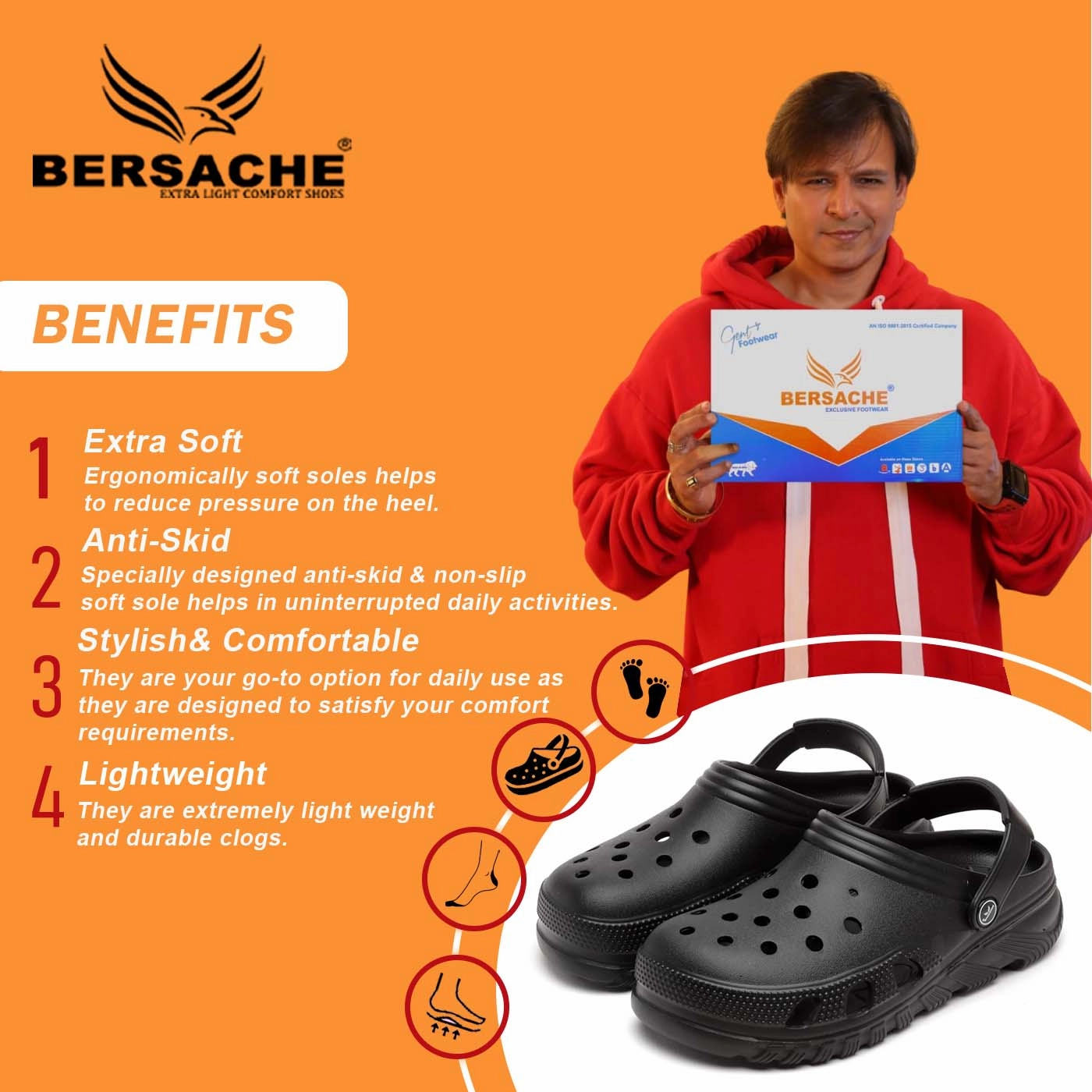 Bersache Extra Soft Classic Casual with  Regular wear with Ultra Soft & Flexibility Technology Clog's for Men's & Boy's (6094-Black) Washington Slippers