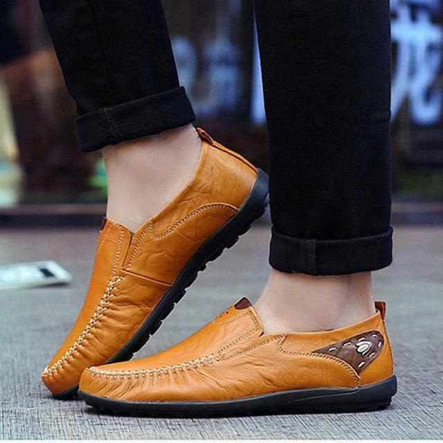 Square Toe Loafers Mens Casual Leather Loafers with Rubber Anti Slippery Surface