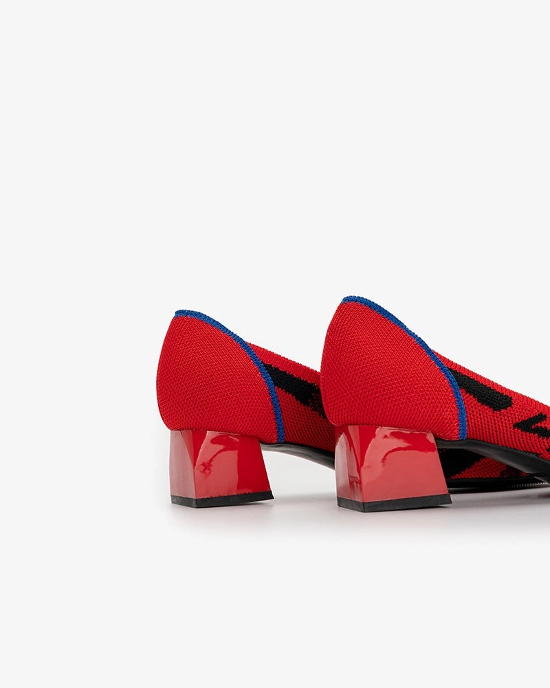 Mountain Bike Shoes Flat Red & Black Pattern Pointed-Toe Chunky Heels