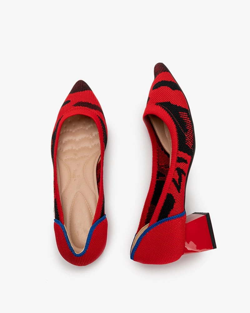 Designer Flat Slingback Shoes Red & Black Pattern Pointed-Toe Chunky Heels