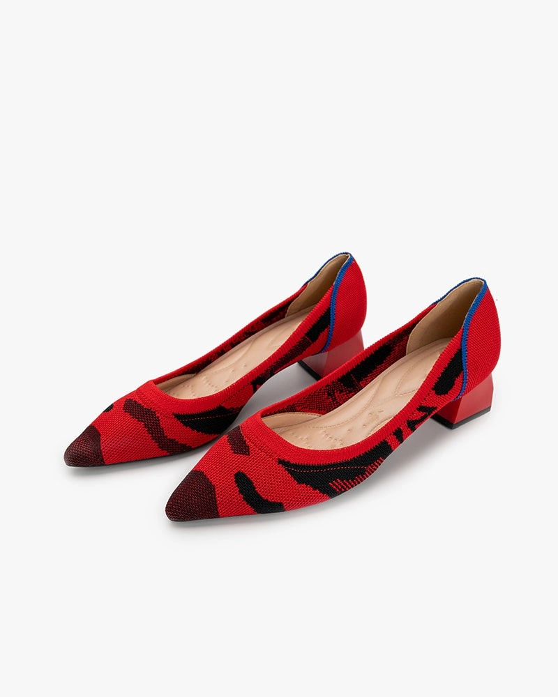 Pointe Shoe Flats Red & Black Pattern Pointed-Toe Chunky Heels