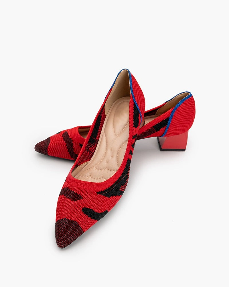 Red & Black Pattern Pointed-Toe Chunky Heels Barefoot Shoes Good For Flat Feet