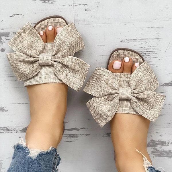 New Summer Fashion Cloth Bow Knot Women's Slippers Fashion Beach Outdoor Flat Slippers Flip Flops Female Round Toe Beach Slides Teenage Slippers