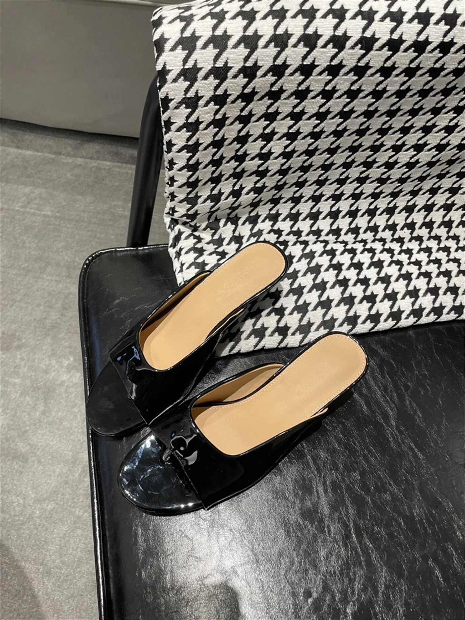 Gold Jelly Flip Flops binfenxie  -  Kitten Heels Flip Flops Mule Sandals Patent Leather Casual Round Open Toe Patent Leather 2024 Beach Slides Pumps Shoes For Women