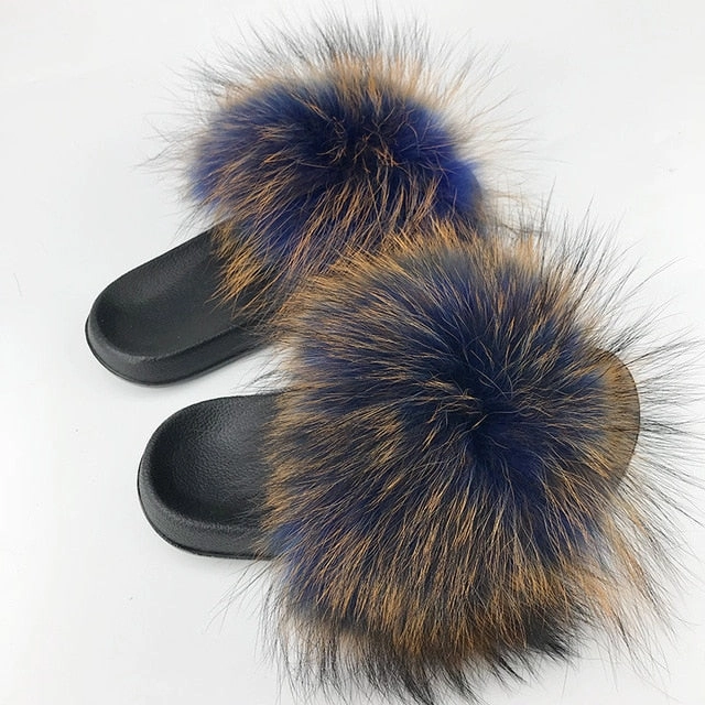Women Fur Slides Summer Shoes Home Woman Luxury Furry Slippers Indoor Female Sandals Fluffy Cute Raccoon 2019 New Plus Size Hands Free Slippers