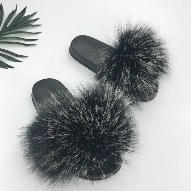 West Highland Terrier Slippers Women Fur Slides Summer Shoes Home Woman Luxury Furry Slippers Indoor Female Sandals Fluffy Cute Raccoon 2019 New Plus Size