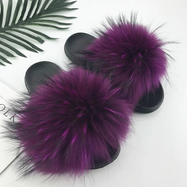 Simley Face Slippers Women Fur Slides Summer Shoes Home Woman Luxury Furry Slippers Indoor Female Sandals Fluffy Cute Raccoon 2019 New Plus Size
