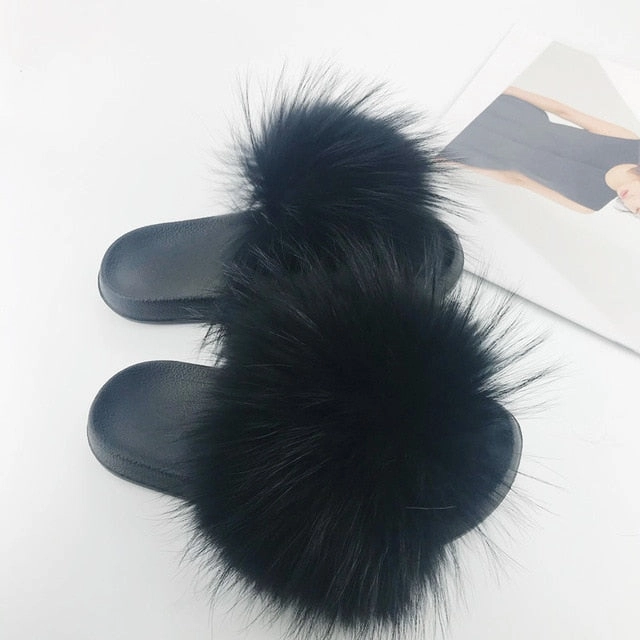 Women Fur Slides Summer Shoes Home Woman Luxury Furry Slippers Indoor Female Sandals Fluffy Cute Raccoon 2019 New Plus Size Slippers With Design