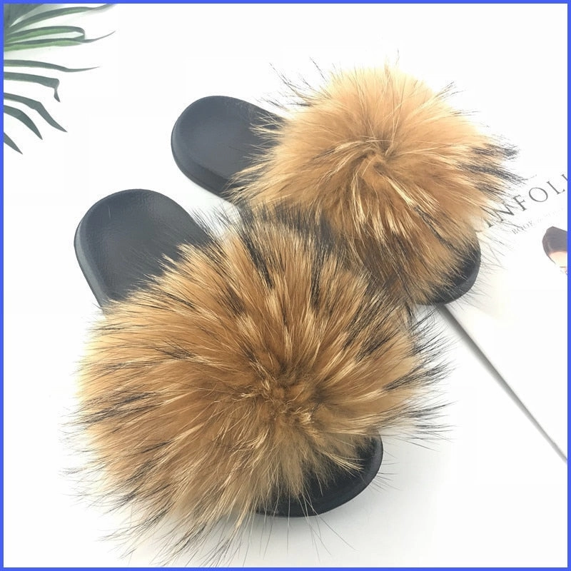 Sheep By The Sea Slippers Women Fur Slides Summer Shoes Home Woman Luxury Furry Slippers Indoor Female Sandals Fluffy Cute Raccoon 2019 New Plus Size