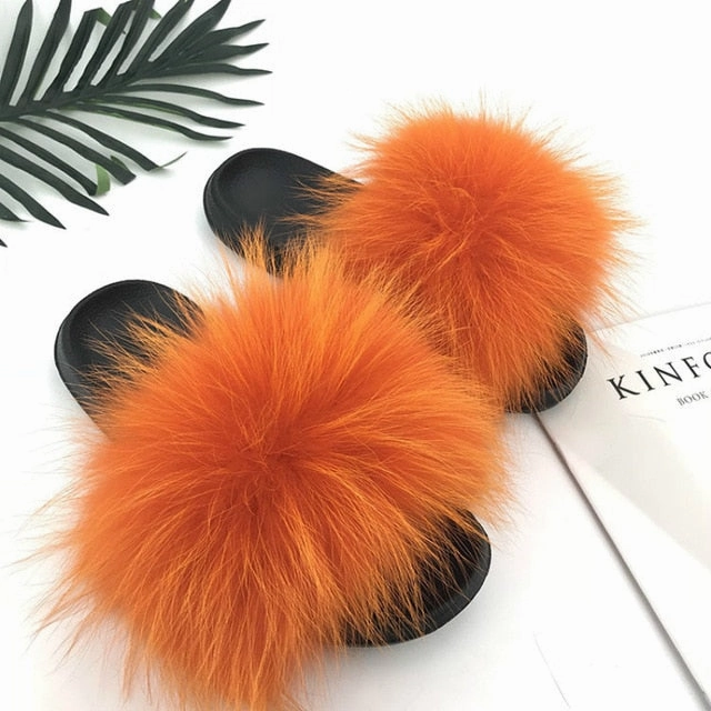 Women Fur Slides Summer Shoes Home Woman Luxury Furry Slippers Indoor Female Sandals Fluffy Cute Raccoon 2019 New Plus Size Slippers With A Hard Sole