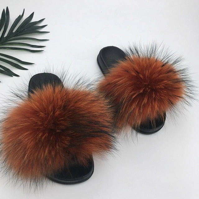 Lounge Slippers Women Fur Slides Summer Shoes Home Woman Luxury Furry Slippers Indoor Female Sandals Fluffy Cute Raccoon 2019 New Plus Size