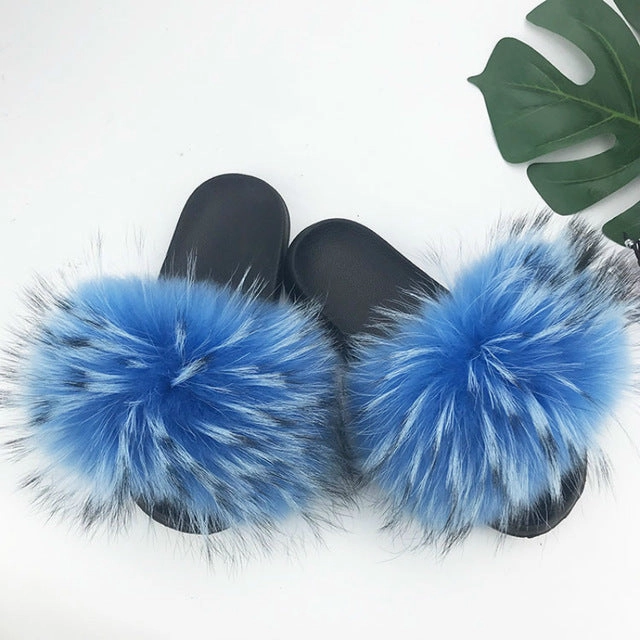 Tom Slippers Women Fur Slides Summer Shoes Home Woman Luxury Furry Slippers Indoor Female Sandals Fluffy Cute Raccoon 2019 New Plus Size