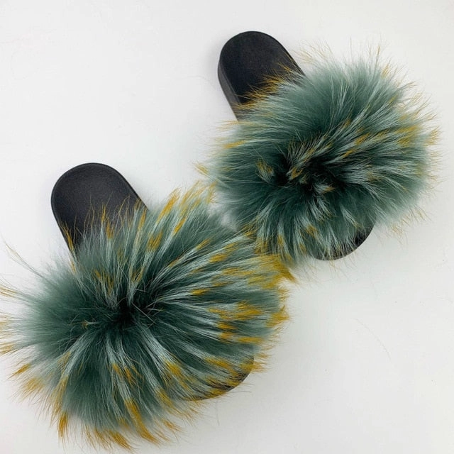 Women Fur Slides Summer Shoes Home Woman Luxury Furry Slippers Indoor Female Sandals Fluffy Cute Raccoon 2019 New Plus Size Acupuncture Slippers