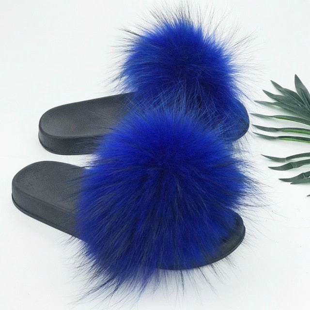 Women Fur Slides Summer Shoes Home Woman Luxury Furry Slippers Indoor Female Sandals Fluffy Cute Raccoon 2019 New Plus Size Parachute Slippers