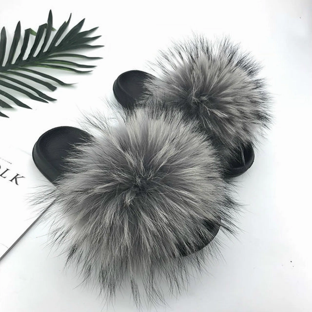 Women Fur Slides Summer Shoes Home Woman Luxury Furry Slippers Indoor Female Sandals Fluffy Cute Raccoon 2019 New Plus Size Mia Sandals Slides
