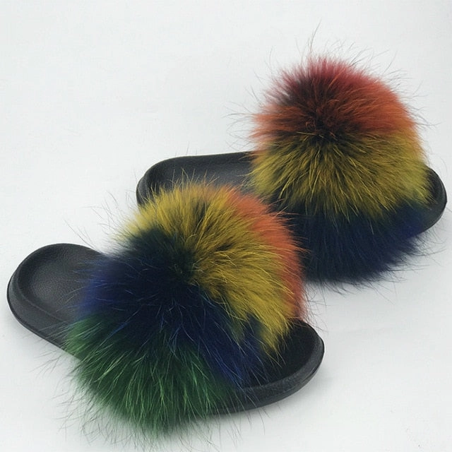 Soled Sock Slippers Women Fur Slides Summer Shoes Home Woman Luxury Furry Slippers Indoor Female Sandals Fluffy Cute Raccoon 2019 New Plus Size
