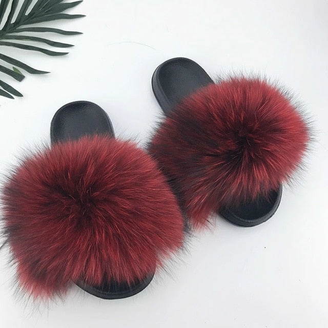Women Fur Slides Summer Shoes Home Woman Luxury Furry Slippers Indoor Female Sandals Fluffy Cute Raccoon 2019 New Plus Size Freudian Slippers