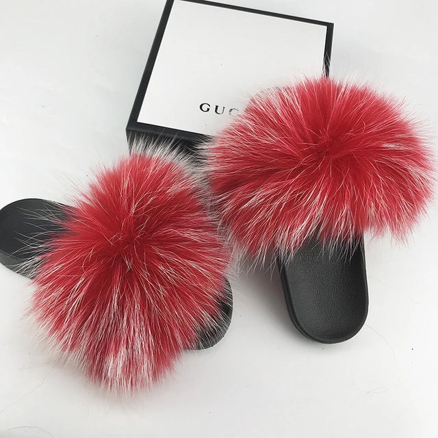Women Fur Slides Summer Shoes Home Woman Luxury Furry Slippers Indoor Female Sandals Fluffy Cute Raccoon 2019 New Plus Size Splendid Slippers
