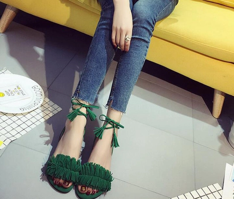 BOHEMIAN Women Fur Ankle Strap Gladiator Flats Tassel Beach Sandals Skate Loafers