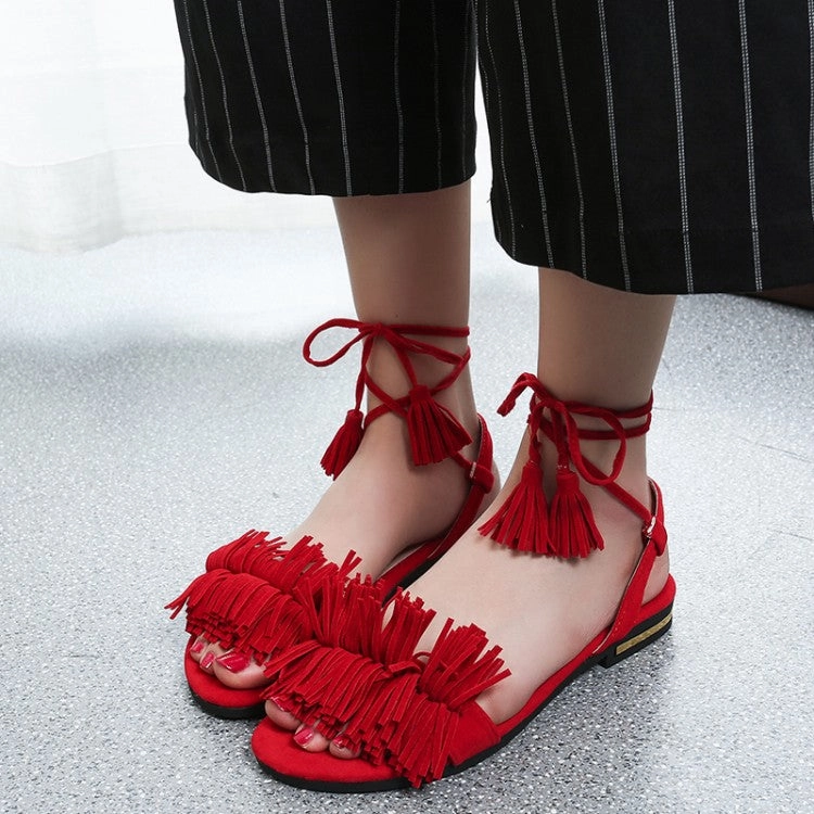 BOHEMIAN Women Fur Ankle Strap Gladiator Flats Tassel Beach Sandals Loafers Tan