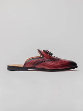 Seira Tassel Mules - Oxblood Patina Wingtip Tassel Loafers