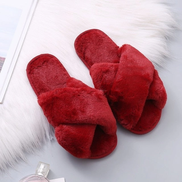 Best Slippers For Cold Feet Warm Fluffy Slippers Women Cozy Faux Fur Cross Indoor Floor Slides Flat Soft Furry Shoes Ladies Female Celebrities Flip Flops