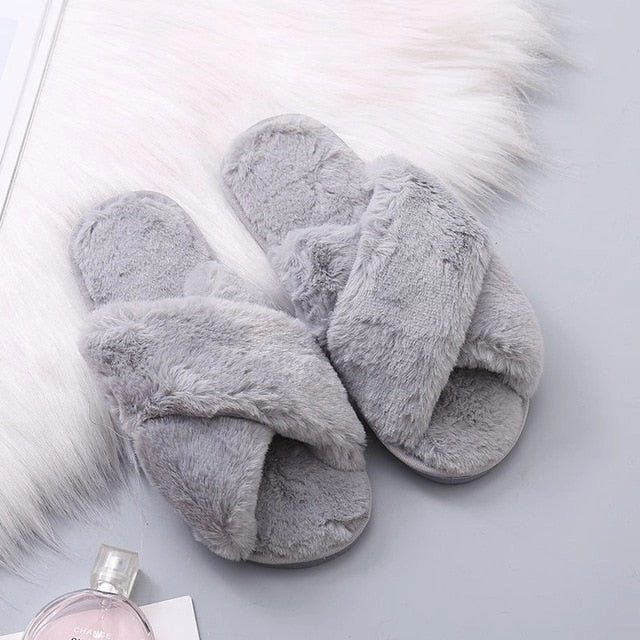Ballet Slippers From Essie Warm Fluffy Slippers Women Cozy Faux Fur Cross Indoor Floor Slides Flat Soft Furry Shoes Ladies Female Celebrities Flip Flops