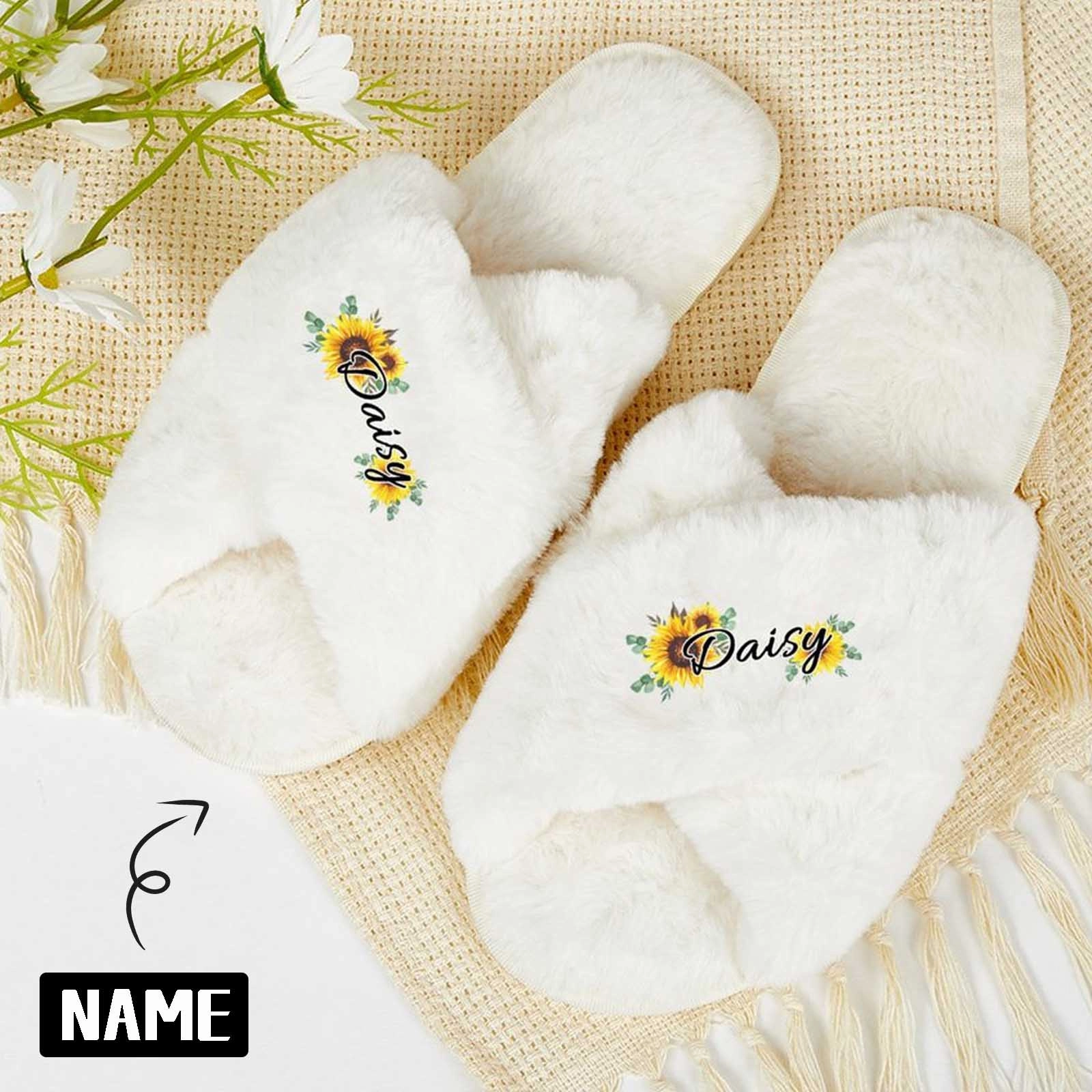 Custom Name Sunflower Bridesmaid Slippers Fluffy Bridal Slippers Fuzzy Cross Band House Slide Shoes Flip Flops Vs Slides