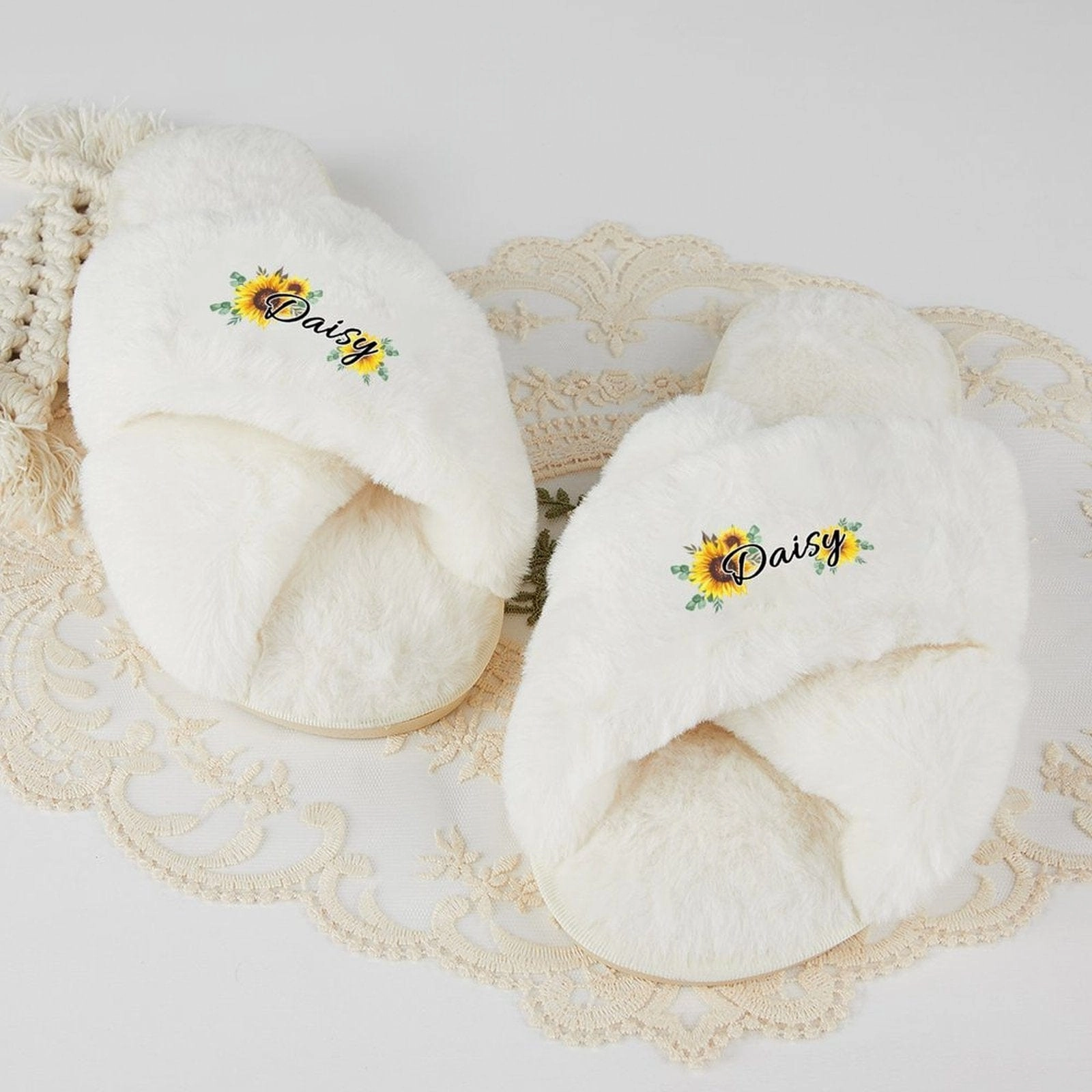 Jack Skeleton Slippers Custom Name Sunflower Bridesmaid Slippers Fluffy Bridal Slippers Fuzzy Cross Band House Slide Shoes