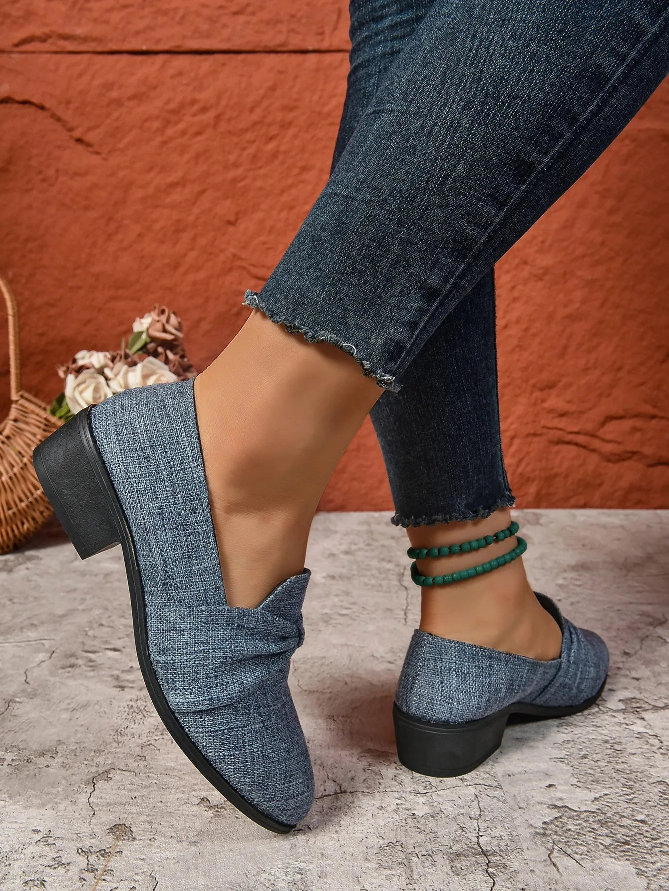 Women's Loafers Pointed Toe Chunky Heel Shoes Houndstooth Loafers