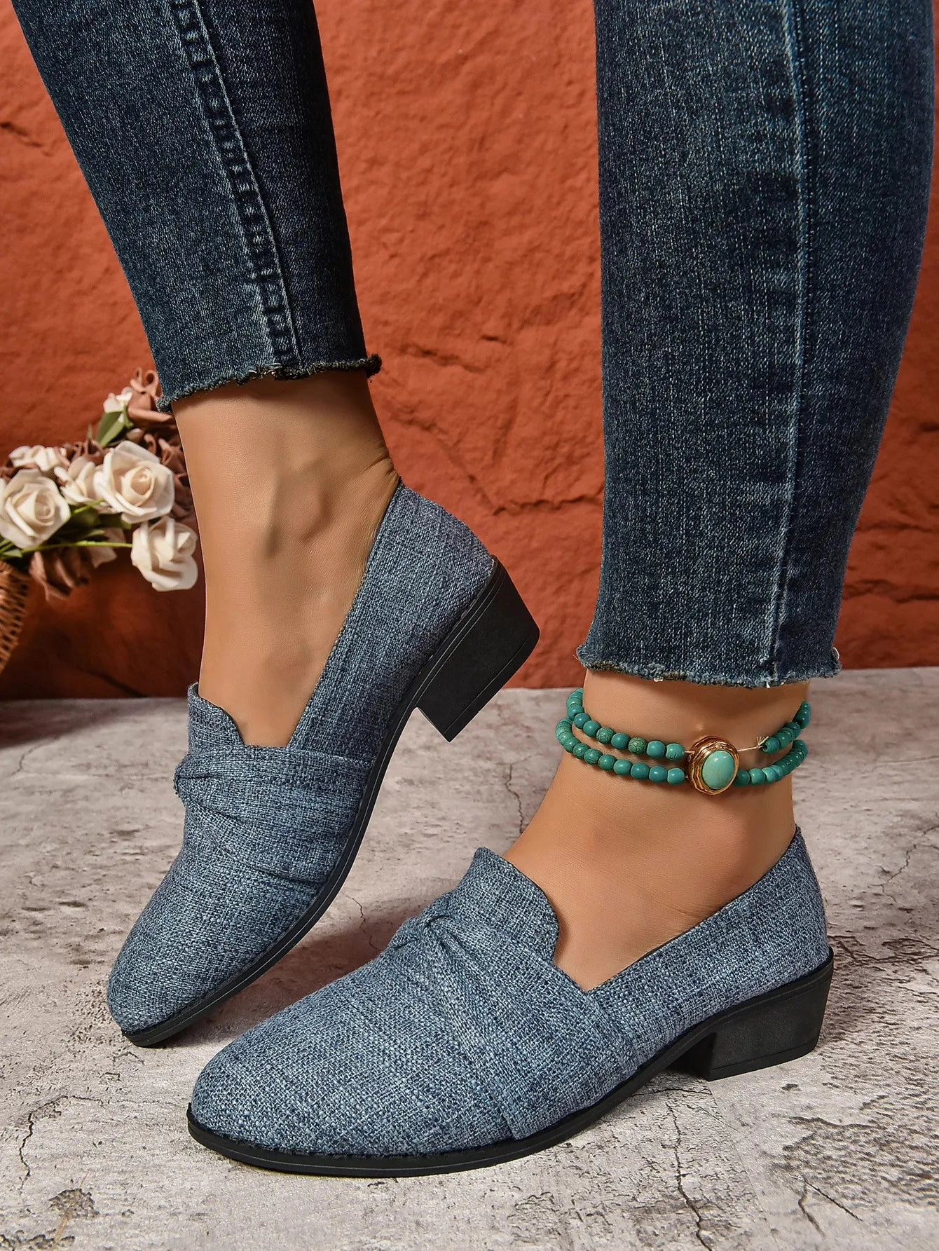 Women's Loafers Pointed Toe Chunky Heel Shoes Dad Loafers