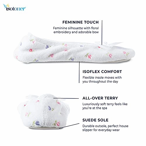 Heren Slippers isotoner Women's Embroidered Terry Ballerina Slippers, White, Large / 8-9