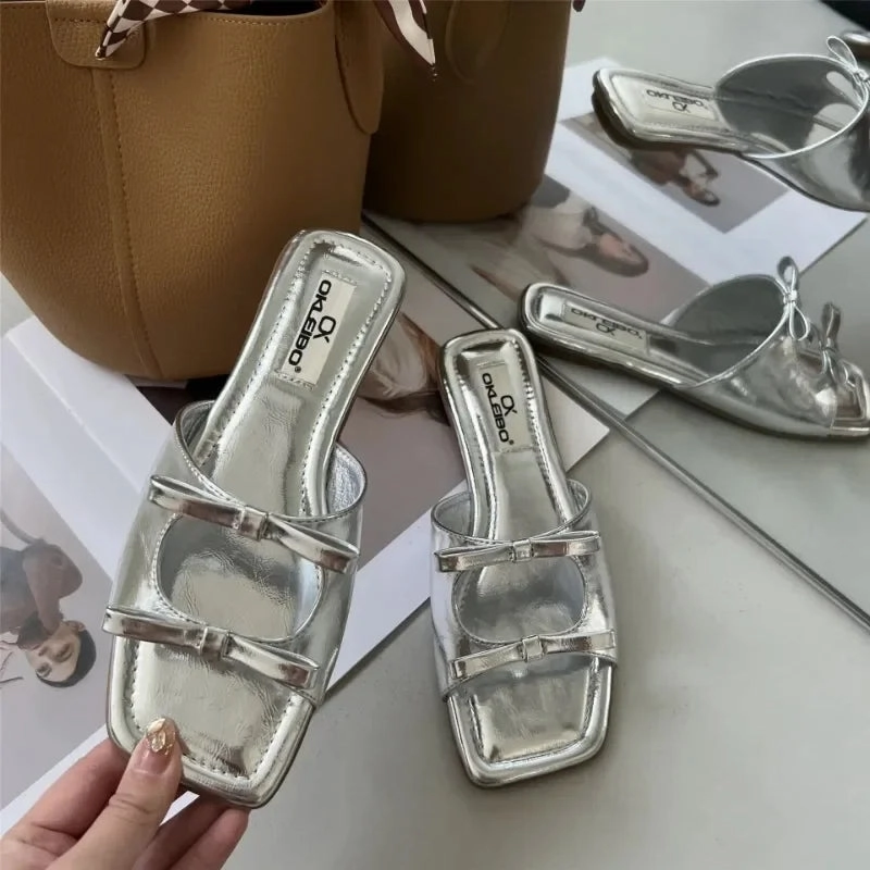 Bjlxn Summer Women Flat Slippers Candy Leather Women Simple Bow Shoes Open Toe Square Head Slippers Women 2024 New French Beach Shoes Paw Slippers