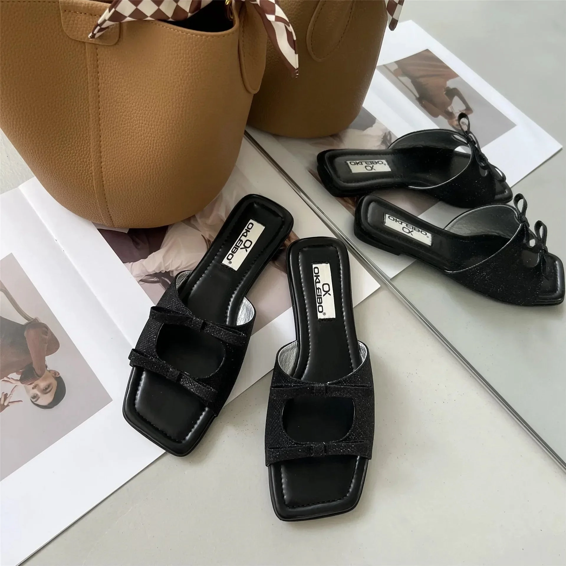 Steelers Slippers Bjlxn Summer Women Flat Slippers Candy Leather Women Simple Bow Shoes Open Toe Square Head Slippers Women 2024 New French Beach Shoes