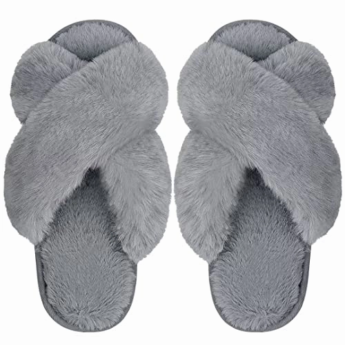Rilakkuma Slippers DOIOWN Womens Fuzzy Slippers Cross Band Fluffy Slippers Faux Fur Slippers Plush House Open Toe Cozy Slippers for Women (Grey, Size 11-12)