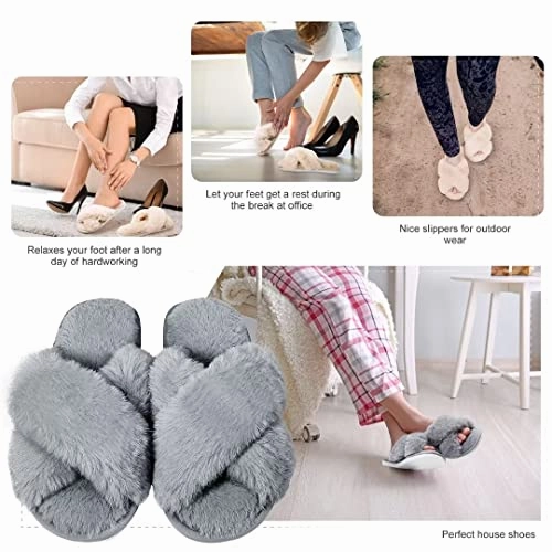 DOIOWN Womens Fuzzy Slippers Cross Band Fluffy Slippers Faux Fur Slippers Plush House Open Toe Cozy Slippers for Women (Grey, Size 11-12) Best Slippers For Diabetics