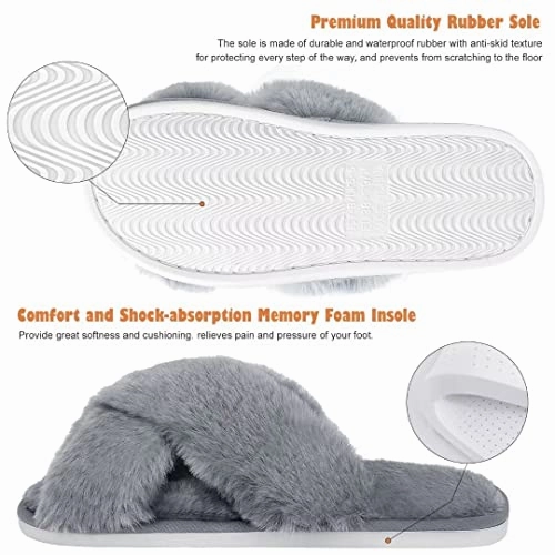 Slippers Cork Sole DOIOWN Womens Fuzzy Slippers Cross Band Fluffy Slippers Faux Fur Slippers Plush House Open Toe Cozy Slippers for Women (Grey, Size 11-12)